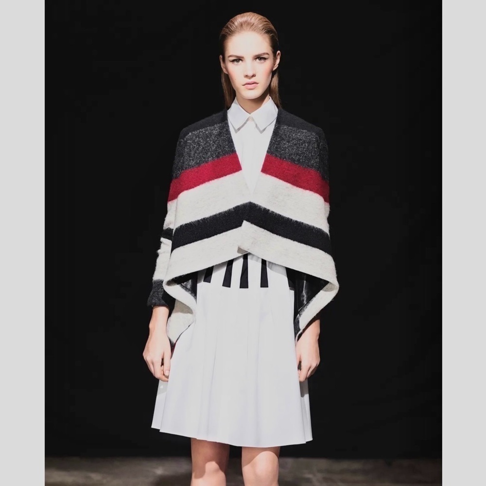 THAKOON Stripe Wool Blend Draped Knit Colorblock Cardigan Sweater Blanket Coat L